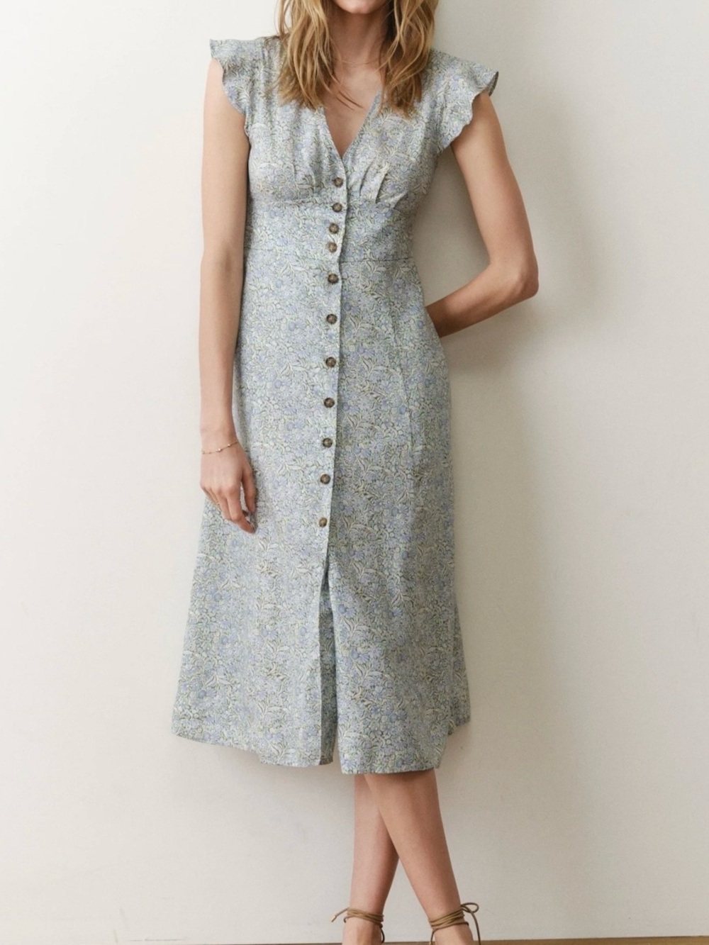 Light green Floral Button-Front Midi Dress
